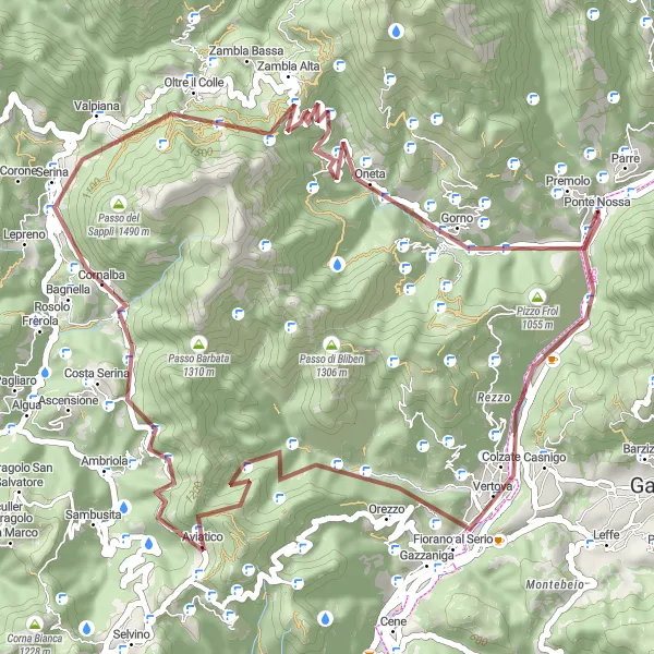 Kartminiatyr av "Gruskjøring til Gorno gjennom Costa Serina" sykkelinspirasjon i Lombardia, Italy. Generert av Tarmacs.app sykkelrutoplanlegger