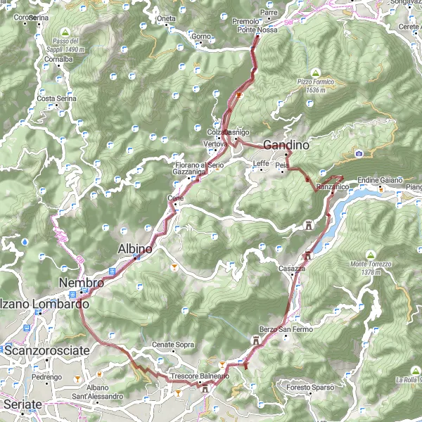 Miniature de la carte de l'inspiration cycliste "Parcours gravel près de Ponte Nossa" dans la Lombardia, Italy. Générée par le planificateur d'itinéraire cycliste Tarmacs.app