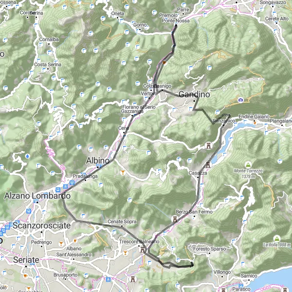 Map miniature of "Road Cycling Adventure - Colle Petta and Monte Cloca" cycling inspiration in Lombardia, Italy. Generated by Tarmacs.app cycling route planner