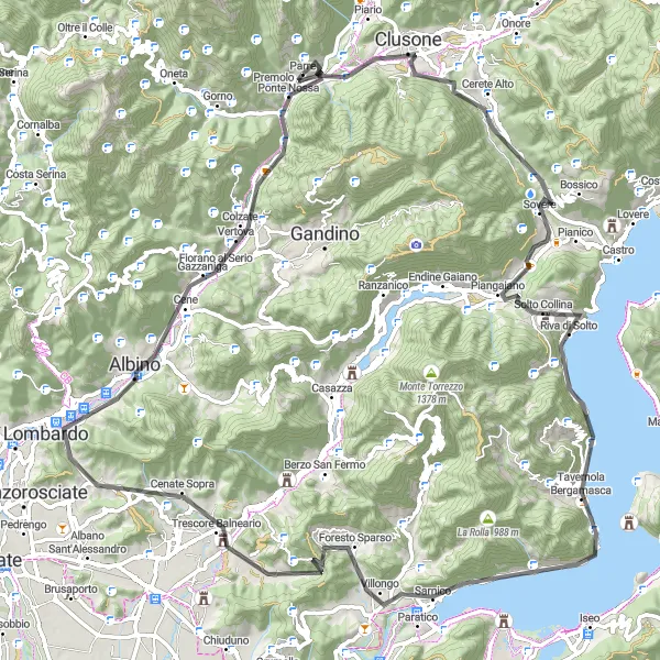 Zemljevid v pomanjšavi "Idilična vožnja od Clusoneja do Colle Pette" kolesarske inspiracije v Lombardia, Italy. Generirano z načrtovalcem kolesarskih poti Tarmacs.app