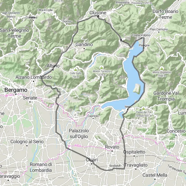 Miniaturní mapa "Okolí jezera Iseo a horské vesnice" inspirace pro cyklisty v oblasti Lombardia, Italy. Vytvořeno pomocí plánovače tras Tarmacs.app