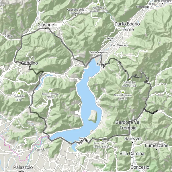 Mapa miniatúra "Výzva s výstupom na Passo dei Tre Termini" cyklistická inšpirácia v Lombardia, Italy. Vygenerované cyklistickým plánovačom trás Tarmacs.app