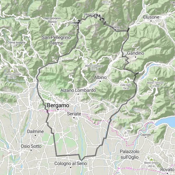 Kartminiatyr av "Panoramavyer och Klättringar" cykelinspiration i Lombardia, Italy. Genererad av Tarmacs.app cykelruttplanerare