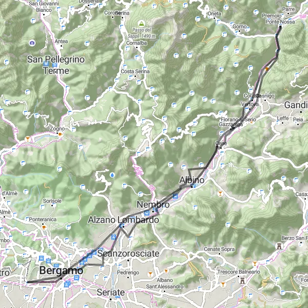 Karttaminiaatyyri "Tunnelmallinen maantieretki ympäri Ponte Nossan" pyöräilyinspiraatiosta alueella Lombardia, Italy. Luotu Tarmacs.app pyöräilyreittisuunnittelijalla