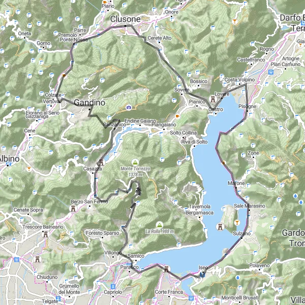 Miniaturní mapa "Výlet kolem jezera Iseo" inspirace pro cyklisty v oblasti Lombardia, Italy. Vytvořeno pomocí plánovače tras Tarmacs.app