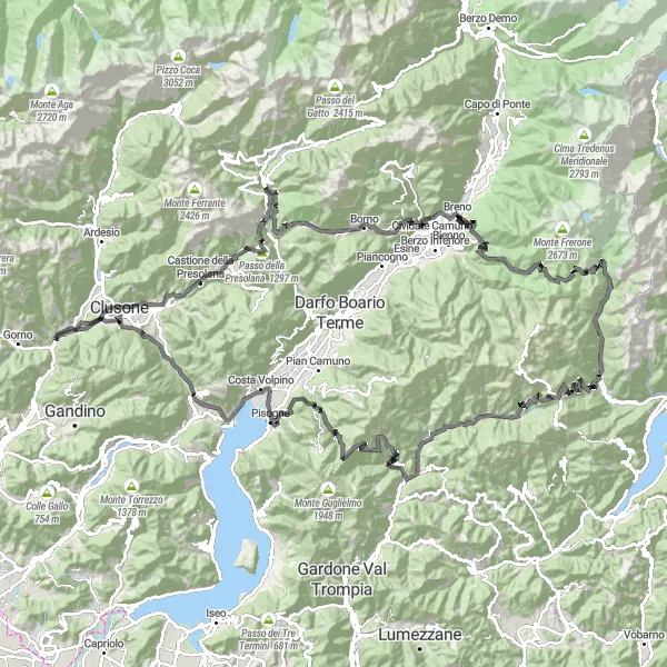 Miniatua del mapa de inspiración ciclista "Ruta en carretera a través de Passo di Crocedomini y Lovere" en Lombardia, Italy. Generado por Tarmacs.app planificador de rutas ciclistas