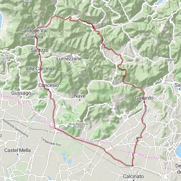 Miniature de la carte de l'inspiration cycliste "Aventure gravel vers Bedizzole" dans la Lombardia, Italy. Générée par le planificateur d'itinéraire cycliste Tarmacs.app