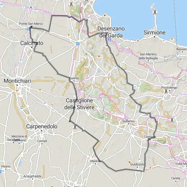Miniature de la carte de l'inspiration cycliste "Parcours panoramique jusqu'à Calcinato" dans la Lombardia, Italy. Générée par le planificateur d'itinéraire cycliste Tarmacs.app