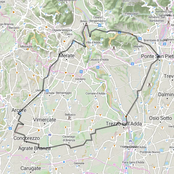 Zemljevid v pomanjšavi "Road Cycling Adventure near Ponte San Pietro" kolesarske inspiracije v Lombardia, Italy. Generirano z načrtovalcem kolesarskih poti Tarmacs.app
