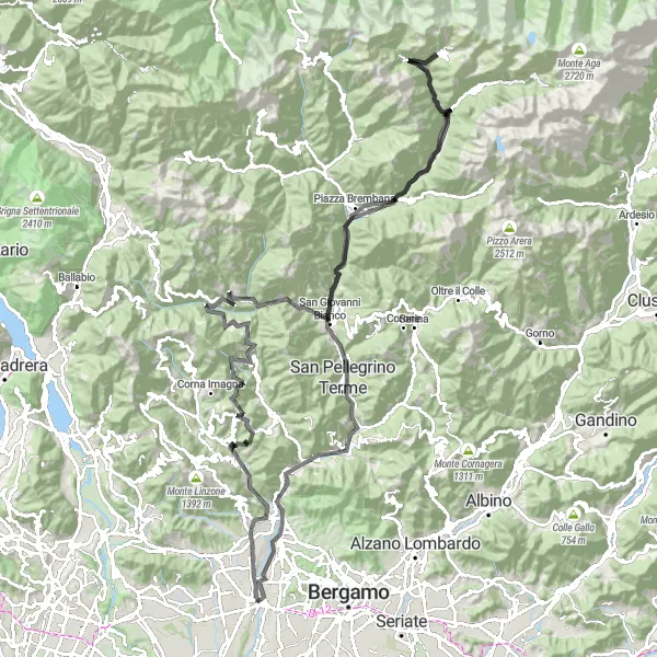 Karttaminiaatyyri "Vuorikiipeilyä ja ihania näkymiä" pyöräilyinspiraatiosta alueella Lombardia, Italy. Luotu Tarmacs.app pyöräilyreittisuunnittelijalla