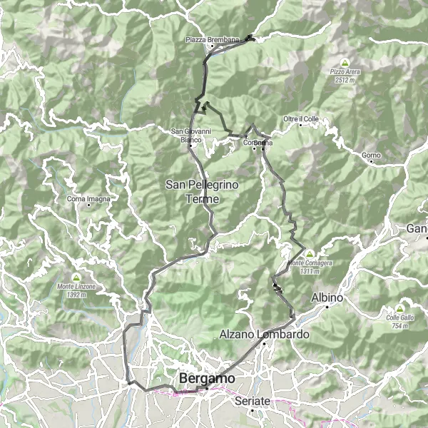 Zemljevid v pomanjšavi "Zahtevna cestna kolesarska tura po Lombardiji" kolesarske inspiracije v Lombardia, Italy. Generirano z načrtovalcem kolesarskih poti Tarmacs.app