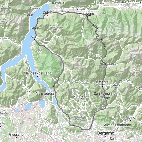 Zemljevid v pomanjšavi "Ponte San Pietro Round-Trip Cycling Adventure" kolesarske inspiracije v Lombardia, Italy. Generirano z načrtovalcem kolesarskih poti Tarmacs.app