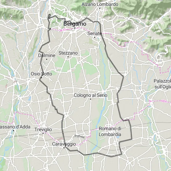 Miniatura della mappa di ispirazione al ciclismo "Esplorazione naturale tra Bergamo e Curno" nella regione di Lombardia, Italy. Generata da Tarmacs.app, pianificatore di rotte ciclistiche