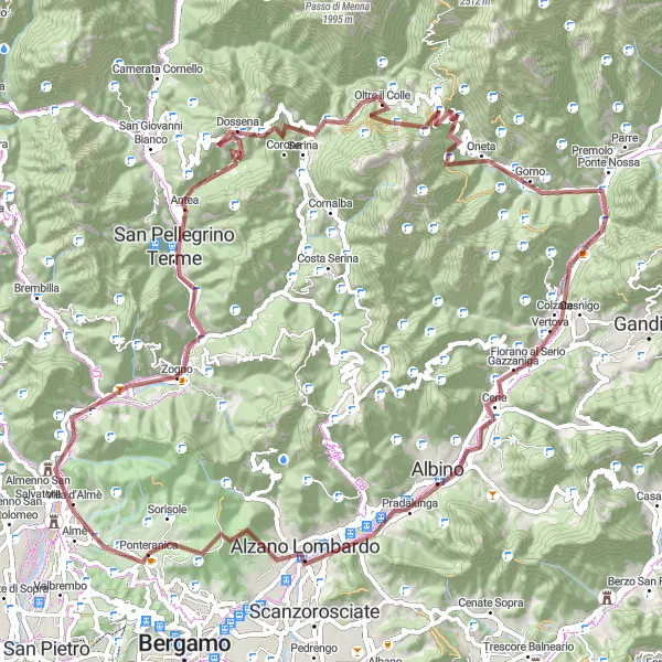 Miniatura della mappa di ispirazione al ciclismo "Avventura in Gravel da Ponteranica a Maresana" nella regione di Lombardia, Italy. Generata da Tarmacs.app, pianificatore di rotte ciclistiche
