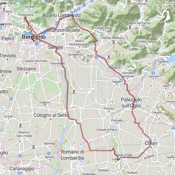 Miniatura della mappa di ispirazione al ciclismo "Gravel bike tour from Ponteranica to Bergamo" nella regione di Lombardia, Italy. Generata da Tarmacs.app, pianificatore di rotte ciclistiche