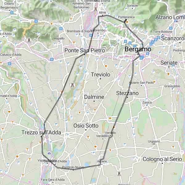 Miniatura della mappa di ispirazione al ciclismo "Scoperta dei paesaggi lombardi tra Ponteranica e Almè" nella regione di Lombardia, Italy. Generata da Tarmacs.app, pianificatore di rotte ciclistiche