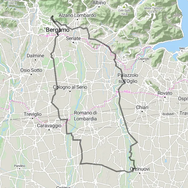 Miniatura della mappa di ispirazione al ciclismo "Tour cicloturistico tra Ponteranica e Bergamo" nella regione di Lombardia, Italy. Generata da Tarmacs.app, pianificatore di rotte ciclistiche