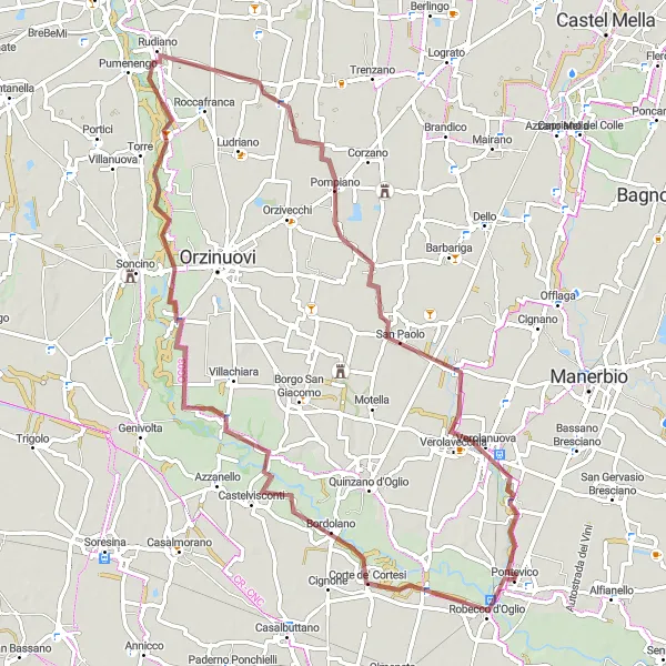 Kartminiatyr av "Grusvägscykling i naturen från Pontevico" cykelinspiration i Lombardia, Italy. Genererad av Tarmacs.app cykelruttplanerare