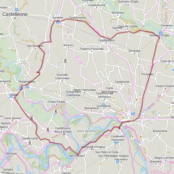 Mapa miniatúra "Gravelová výprava cez Cremona a Fiume Oglio" cyklistická inšpirácia v Lombardia, Italy. Vygenerované cyklistickým plánovačom trás Tarmacs.app