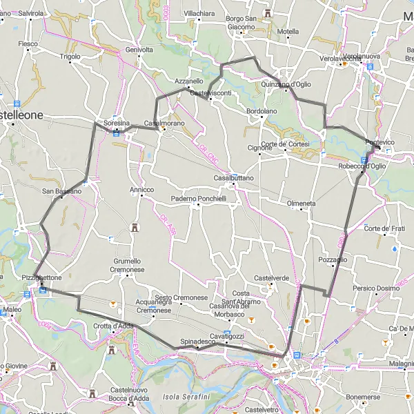 Miniatua del mapa de inspiración ciclista "Ruta histórica desde Pontevico a través de encantadores pueblos" en Lombardia, Italy. Generado por Tarmacs.app planificador de rutas ciclistas