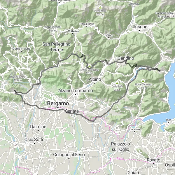 Kartminiatyr av "Bergamo til Pontida via Passo di Ganda" sykkelinspirasjon i Lombardia, Italy. Generert av Tarmacs.app sykkelrutoplanlegger