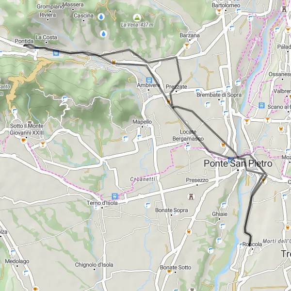 Mapa miniatúra "Cyklo okruh Pontida - Ponte San Pietro - Barzana - Col Scarlasc" cyklistická inšpirácia v Lombardia, Italy. Vygenerované cyklistickým plánovačom trás Tarmacs.app