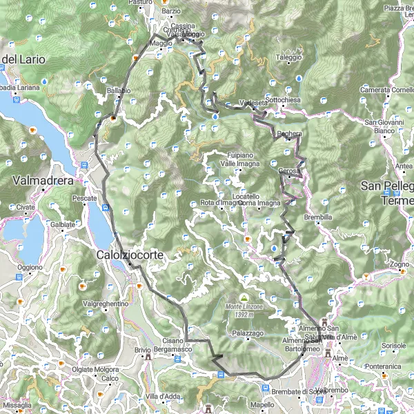 Miniatua del mapa de inspiración ciclista "Desafío en Monte Santa Margherita" en Lombardia, Italy. Generado por Tarmacs.app planificador de rutas ciclistas
