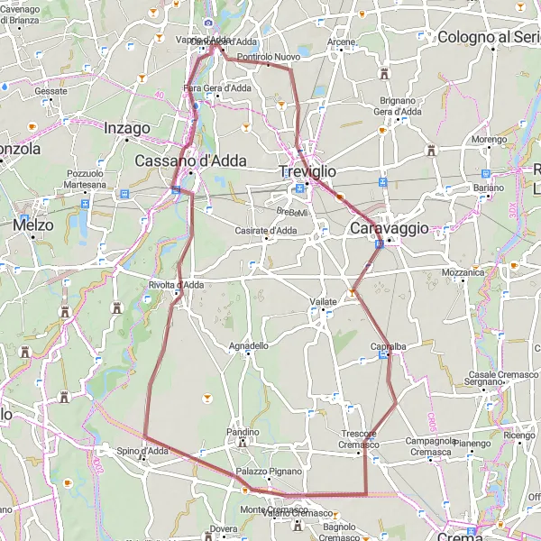 Kartminiatyr av "Grusvägarna runt Adda-floden" cykelinspiration i Lombardia, Italy. Genererad av Tarmacs.app cykelruttplanerare