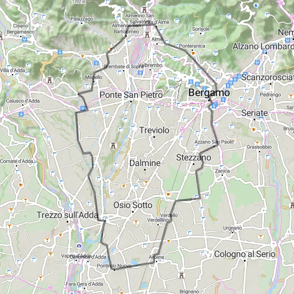 Kartminiatyr av "Loop från Pontirolo Nuovo till Verdellino och tillbaka" cykelinspiration i Lombardia, Italy. Genererad av Tarmacs.app cykelruttplanerare