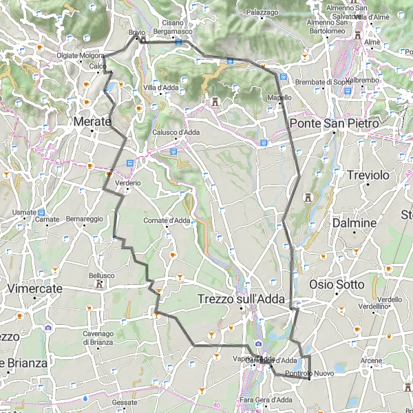 Miniatua del mapa de inspiración ciclista "Ruta en carretera hacia Brembate" en Lombardia, Italy. Generado por Tarmacs.app planificador de rutas ciclistas