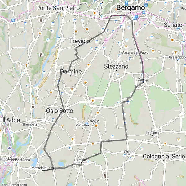 Map miniature of "Bergamo Ride" cycling inspiration in Lombardia, Italy. Generated by Tarmacs.app cycling route planner