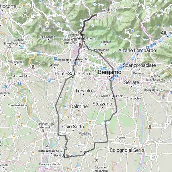 Miniatua del mapa de inspiración ciclista "Viaje en carretera a Bergamo y Arcene" en Lombardia, Italy. Generado por Tarmacs.app planificador de rutas ciclistas