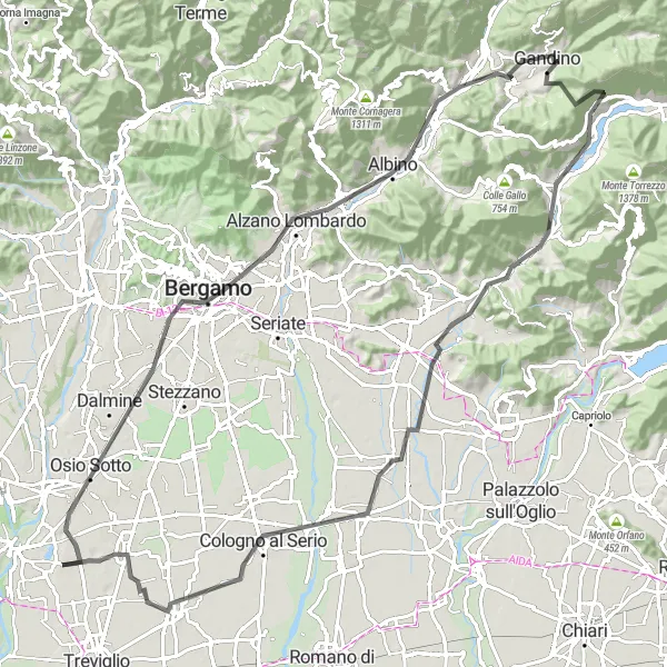 Miniature de la carte de l'inspiration cycliste "L'épopée cycliste à travers Bergamo" dans la Lombardia, Italy. Générée par le planificateur d'itinéraire cycliste Tarmacs.app