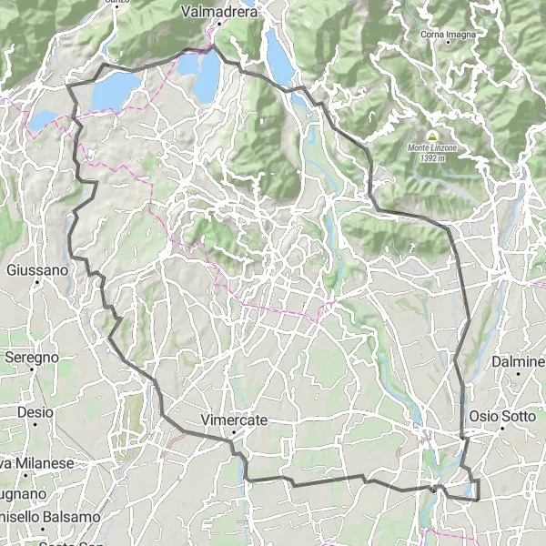 Miniature de la carte de l'inspiration cycliste "Le grand parcours entre Pontirolo Nuovo et Brembate" dans la Lombardia, Italy. Générée par le planificateur d'itinéraire cycliste Tarmacs.app