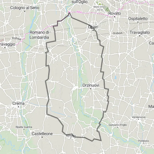 Zemljevid v pomanjšavi "Ruralna potovanja skozi Castelcovati in Borgo San Giacomo" kolesarske inspiracije v Lombardia, Italy. Generirano z načrtovalcem kolesarskih poti Tarmacs.app