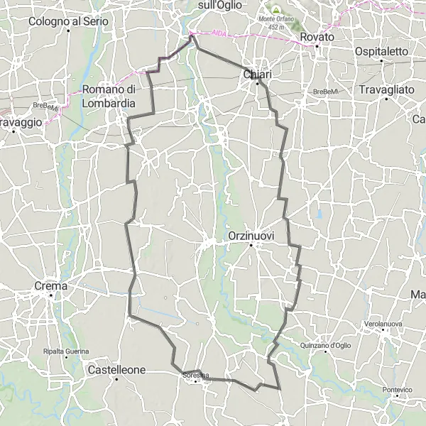 Miniatura della mappa di ispirazione al ciclismo "Alla scoperta di Castelcovati: giro in bici tra Borgo San Giacomo e Cividate al Piano" nella regione di Lombardia, Italy. Generata da Tarmacs.app, pianificatore di rotte ciclistiche