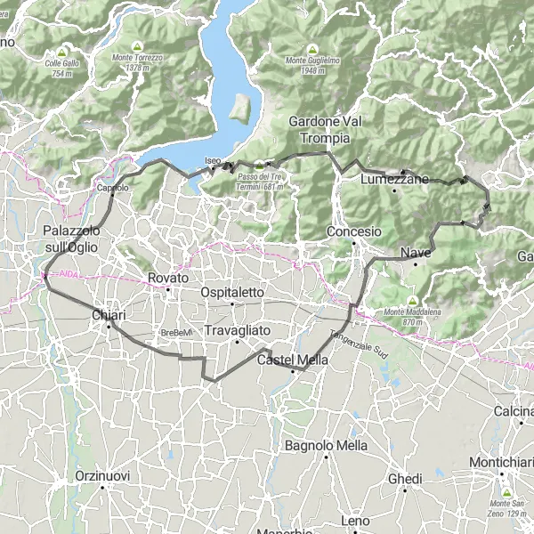 Miniature de la carte de l'inspiration cycliste "Le défi des montagnes de Lombardie" dans la Lombardia, Italy. Générée par le planificateur d'itinéraire cycliste Tarmacs.app