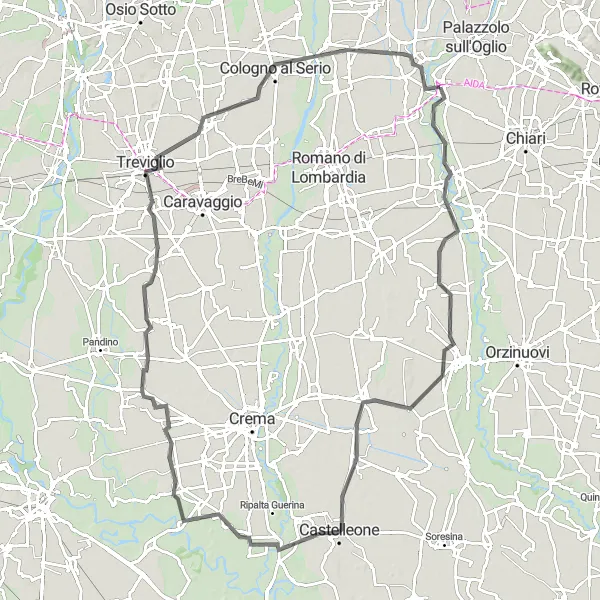 Miniatura della mappa di ispirazione al ciclismo "Tra le colline lombarde: giro in bici da Pumenengo a Palosco" nella regione di Lombardia, Italy. Generata da Tarmacs.app, pianificatore di rotte ciclistiche