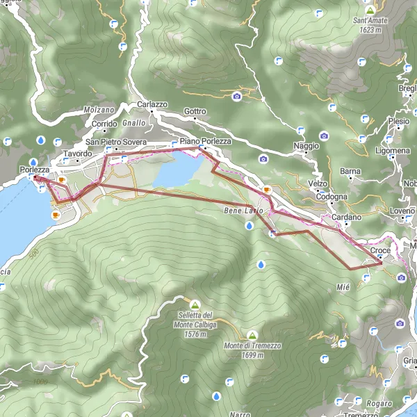 Map miniature of "Gravel Adventure near Porlezza" cycling inspiration in Lombardia, Italy. Generated by Tarmacs.app cycling route planner