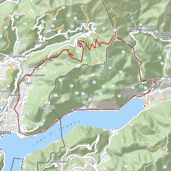 Zemljevid v pomanjšavi "Pustolovska gorska kolesarska tura po okolici jezera Lugano" kolesarske inspiracije v Lombardia, Italy. Generirano z načrtovalcem kolesarskih poti Tarmacs.app