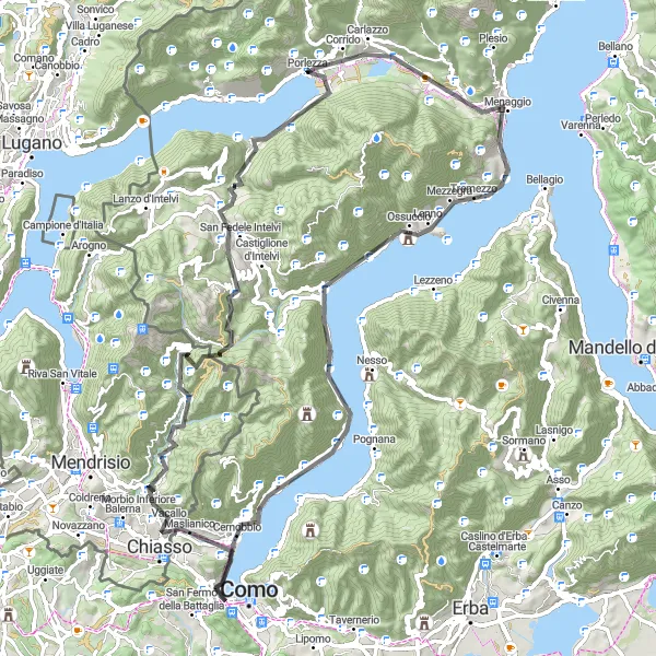Miniatua del mapa de inspiración ciclista "Ruta Escénica por la Costa del Lago" en Lombardia, Italy. Generado por Tarmacs.app planificador de rutas ciclistas
