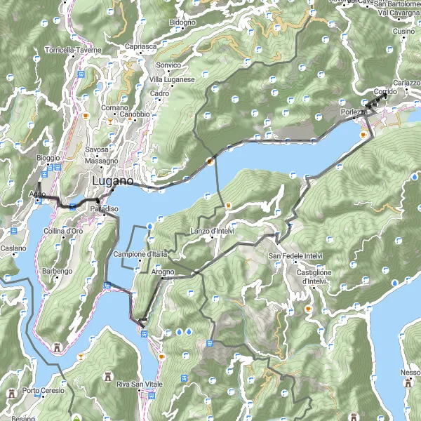 Mapa miniatúra "Road cyklotrasa s výhľadmi na Monte San Salvatore a Lugano" cyklistická inšpirácia v Lombardia, Italy. Vygenerované cyklistickým plánovačom trás Tarmacs.app