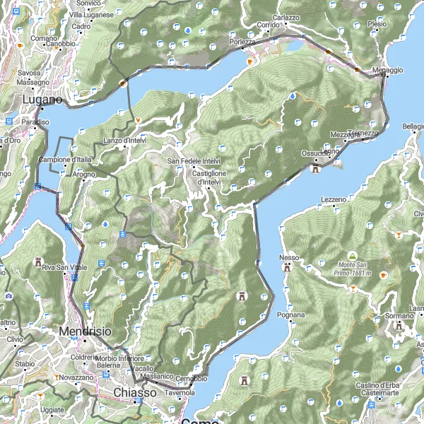 Miniaturní mapa "Okružní cyklistická trasa kolem jezera Lugano" inspirace pro cyklisty v oblasti Lombardia, Italy. Vytvořeno pomocí plánovače tras Tarmacs.app