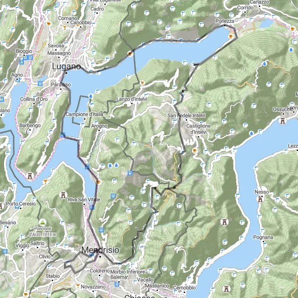 Karttaminiaatyyri "Lago di Lugano - Monte San Salvatore Loop" pyöräilyinspiraatiosta alueella Lombardia, Italy. Luotu Tarmacs.app pyöräilyreittisuunnittelijalla