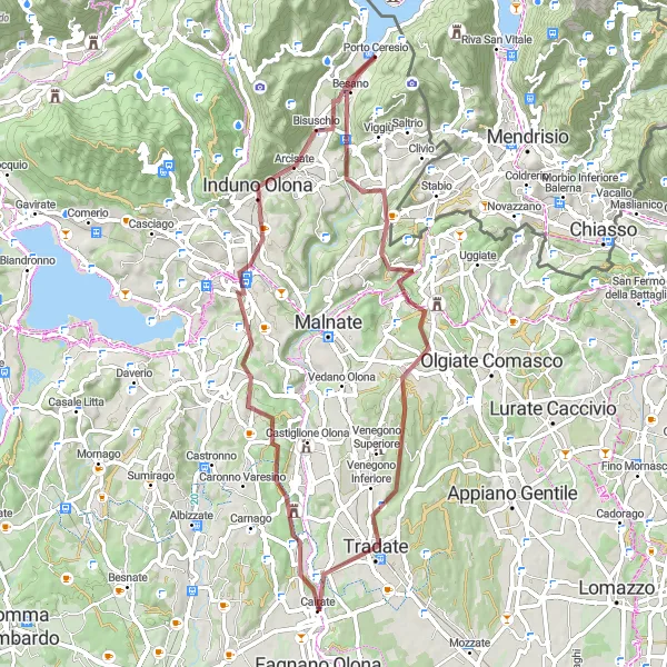 Miniatura della mappa di ispirazione al ciclismo "Giro in Gravel attraverso Cairate e Morazzone" nella regione di Lombardia, Italy. Generata da Tarmacs.app, pianificatore di rotte ciclistiche