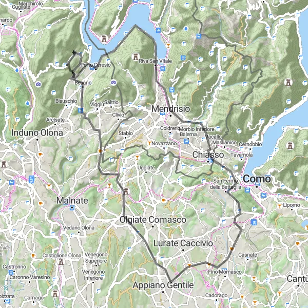 Miniaturní mapa "Okruh kolem Porto Ceresio" inspirace pro cyklisty v oblasti Lombardia, Italy. Vytvořeno pomocí plánovače tras Tarmacs.app