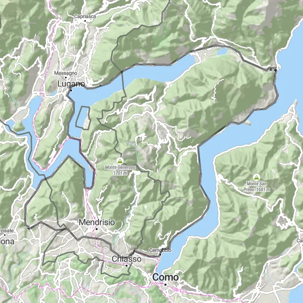 Miniatua del mapa de inspiración ciclista "Ruta del Lago di Lugano y Monte Bre" en Lombardia, Italy. Generado por Tarmacs.app planificador de rutas ciclistas