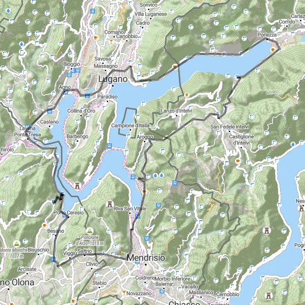 Miniatua del mapa de inspiración ciclista "Ruta del Monte Caslano y Lugano" en Lombardia, Italy. Generado por Tarmacs.app planificador de rutas ciclistas
