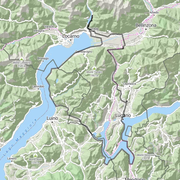 Miniature de la carte de l'inspiration cycliste "Voyage autour du lac Majeur" dans la Lombardia, Italy. Générée par le planificateur d'itinéraire cycliste Tarmacs.app