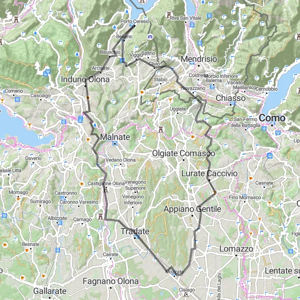 Miniatua del mapa de inspiración ciclista "Ruta de Ronago y Tradate" en Lombardia, Italy. Generado por Tarmacs.app planificador de rutas ciclistas